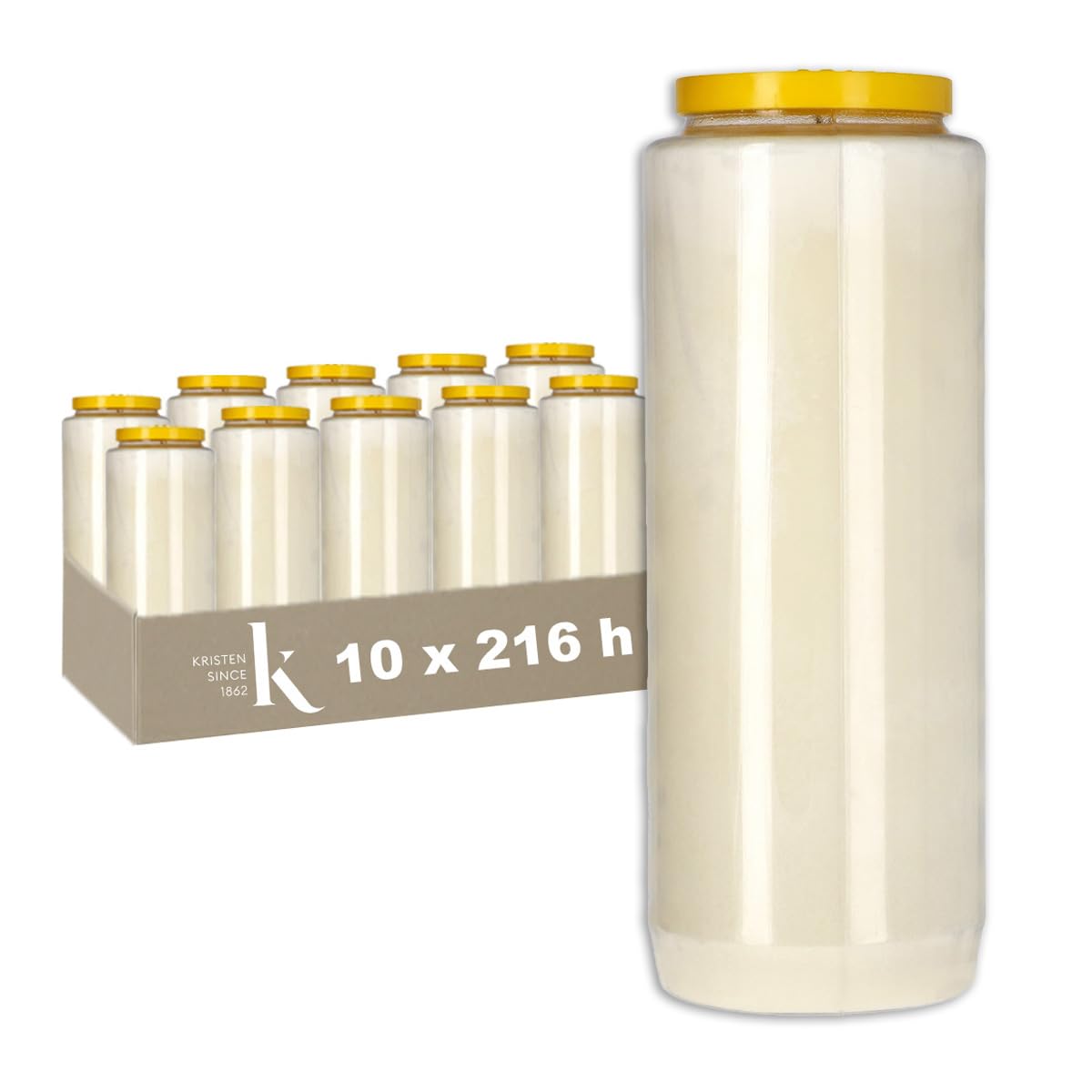 KRISTEN Bougie de neuvaine 9 jours – 216 heures de combustion – Blanc – Lot de 10 pièces – Pack économique – Bougie funéraire, bougie commémorative