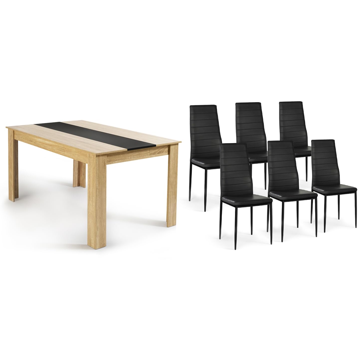 IDMarket - Ensemble Table à Manger Georgia 140 cm Imitation hêtre et Noire et 6 chaises Romane Noires