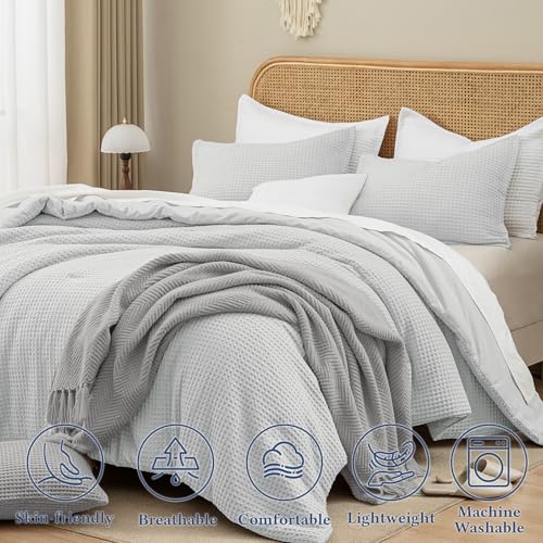 Image of David's Home Textured Summer Waffle Weave Comforter Set, Queen, Light Grey | Cozy Soft Lightweight Breathable Fluffy Durable Hotel Bedding with Pillow Shams for All Season, Luxury Home Decor, Giftable