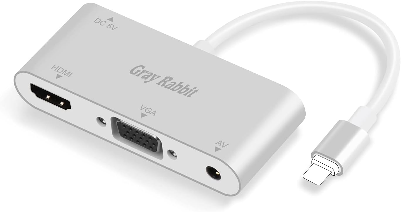 HDMI VGA AV Adapter, GrayRabbit Digtal AV Adapter for Phone 12/11Xs/Max/X/8/7/6 Plus Pad Pro Air Mini Pod to HDTV Projector Monitor (Silver)