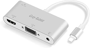HDMI VGA AV Adapter, GrayRabbit Digtal AV Adapter for Phone 12/11Xs/Max/X/8/7/6 Plus Pad Pro Air Mini Pod to HDTV Projector Monitor (Silver)