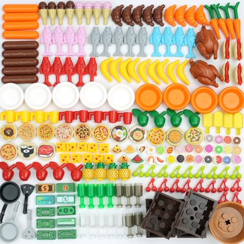 BroTex 200+pcs Food Building Blocks Accessories, City Friends Kitchen Bricks Sets, DIY Restaurant Picnic Building kit Compatible All Major Brands