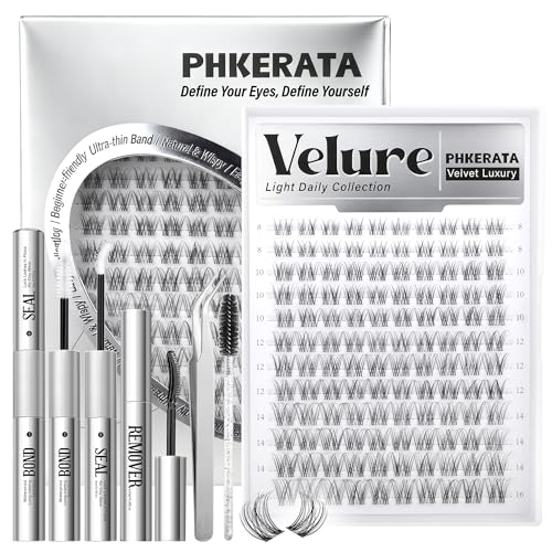 Velure Lash Clusters Kit Natural Cluster Eyelash Extensions Kit Wispy Lash Extensions Invisible Clear Band Lashes Clusters DIY Lash Extension with Bond and Seal Tweezers Remover 8-16mm 120Pcs