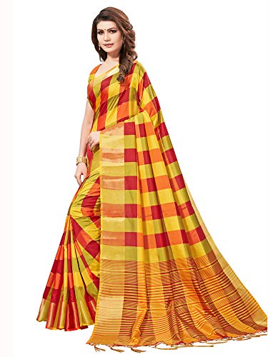 Image of AKHILAM Women's Checkered Solid Art Silk Saree with Unstitched Blouse Piece(Yellow PTRCX01G)