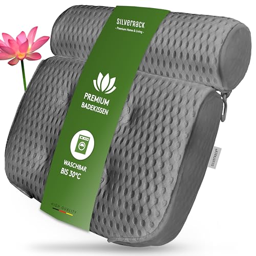 SilverRack Badewannenkissen MEDIUM-WEICH [Grau 4D] - Nackenkissen für Badewanne mit Saugnäpfen als Badewannen-Zubehör - Kissen für Badewanne - Badekissen mit ergonomischer Passform