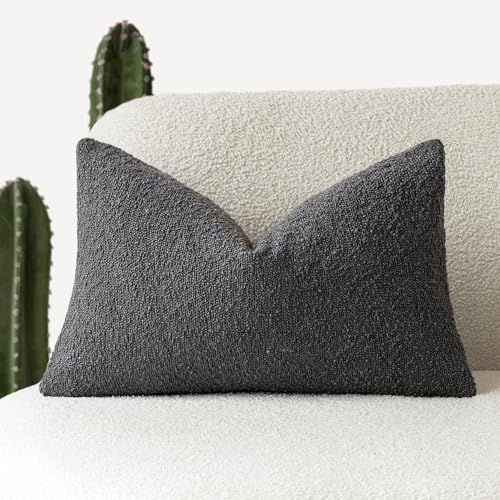 Image of Foindtower Textured Boucle Throw Pillow Covers Accent Solid Lumbar Pillow Cases Cozy Soft Decorative Couch Cushion Case for Chair Sofa Bedroom Living Room Home Decor, 12 x 20 Inch,Dark Grey