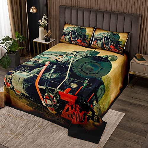 Erosebridal Steam Engine Bedspread Twin Locomotive Quilt Retro Old Newspaper Style Steam Train Coverlet Yellow Green Vintage Transport Room Decor Railway Track Travel Adventure Quilted