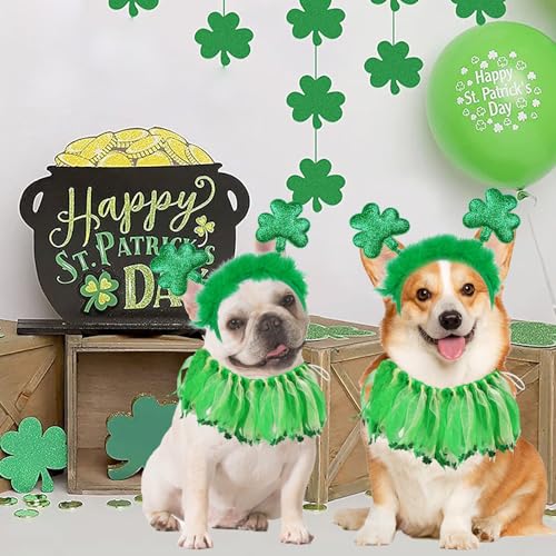Dog-St-Patricks-Day-Outfit-St-Patricks-Day-Dog-Costume-Clothes-Green-Glitter-Shamrock-Dog-Headband-Dog-Collar-with-Shamrock-Ribbons-Holiday-Costumes-for-Small-Medium-Large-Dogs GOYOSWA Dog St. Patrick's Day Outfit, St Patricks Day Dog Costume Clothes Green Glitter Shamrock Dog Headband Dog Collar with Shamrock Ribbons Holiday Costumes for Small Medium Large Dogs - Image 3