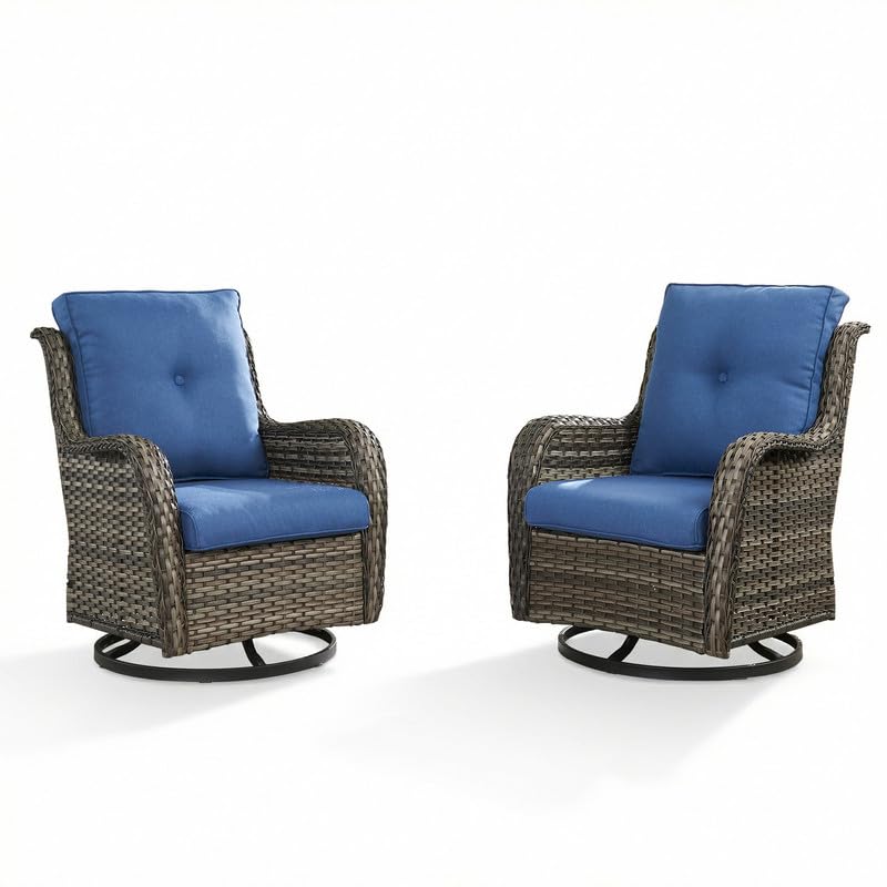 Grey Outdoor Wicker Swivel Rocker Patio Chairs Set of 2, Cushions Blue