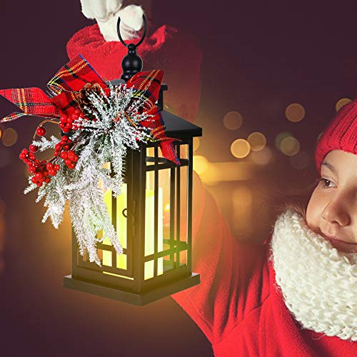 14" Christmas Flameless Flickering Candle Lantern Decorative For Outside Outdoor Indoor Patio Table Party, Black Hanging Lanterns Battery Operated With Red Bow #TOP6