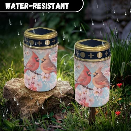 Image of Red Cardinal Bird Solar Grave Lights for Cemetery Flameless Solar Powered Light for Prayer Waterproof Outdoor Christmas Decor Cemetery Solar Lights for Grave Lamp Pink Flral