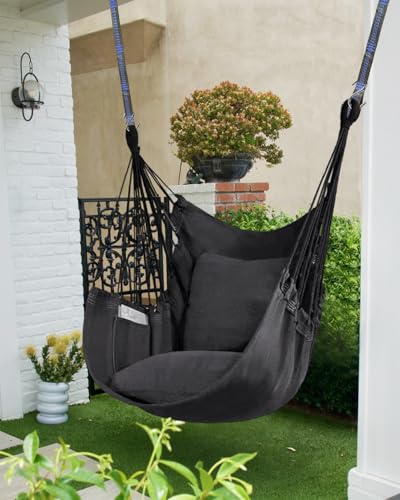 Image of Halalona Hammock Chair Hanging Hammock Chair Rope Swing 2 Cushions Included-Sturdy & Durable Soft Cotton Hand Woven Hammock Swing for Bedroom, Porch, Patio-Indoor /Outdoor