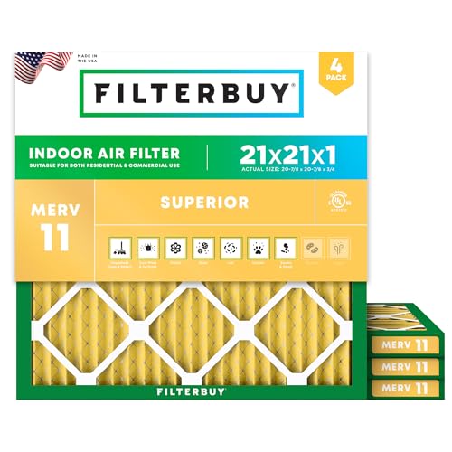 Filterbuy 21x21x1 Air Filter MERV 11 Superior Pet & Allergy Defense (4-Pack), Electrostatic Pleated HVAC AC Furnace Filters Replacement (Actual Size: 20.88 x 20.88 x 0.75)