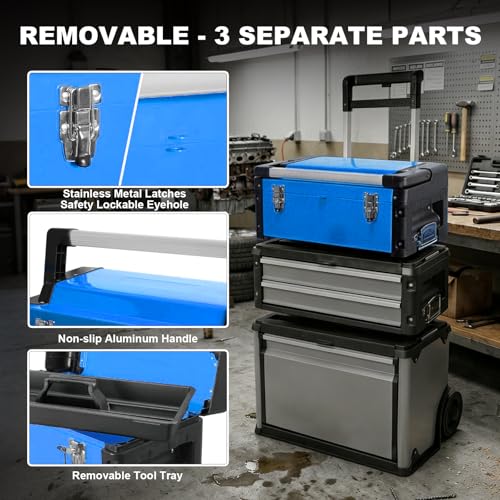 Image of Stackable Rolling Tool Box Portable Metal Toolbox Organizer with Wheels and 2 Drawers Separate Rolling Upright Trolley Tool Chest for Garage or Workshop, Blue