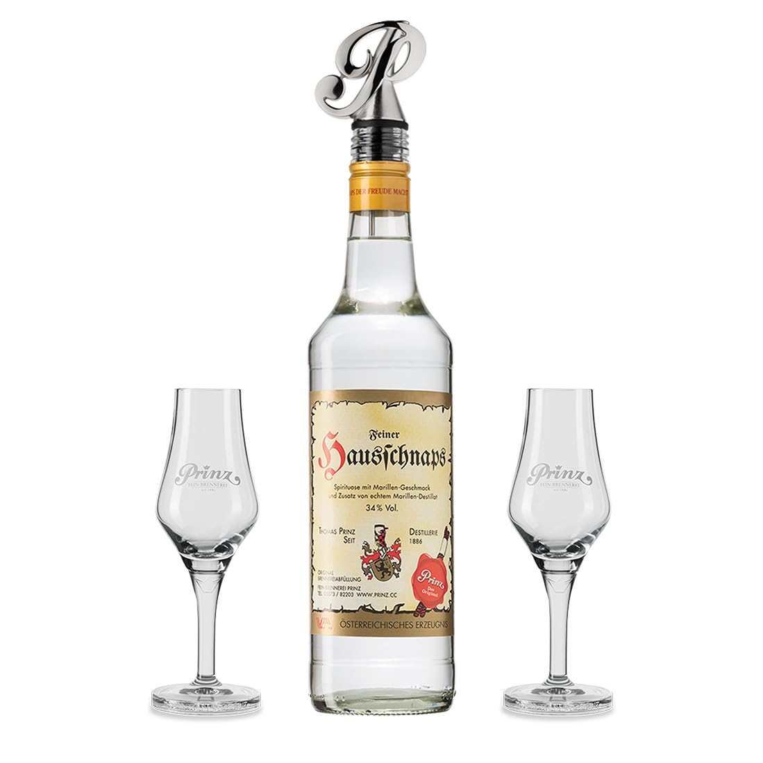 Prinz Marillenschnaps Geschenkset – 0,7 l Hausschnaps Marille mit hochwertigem Prinz Ausgießer und zwei Exklusivkelchen – Edles Geschenk für Spirituosen-Liebhaber