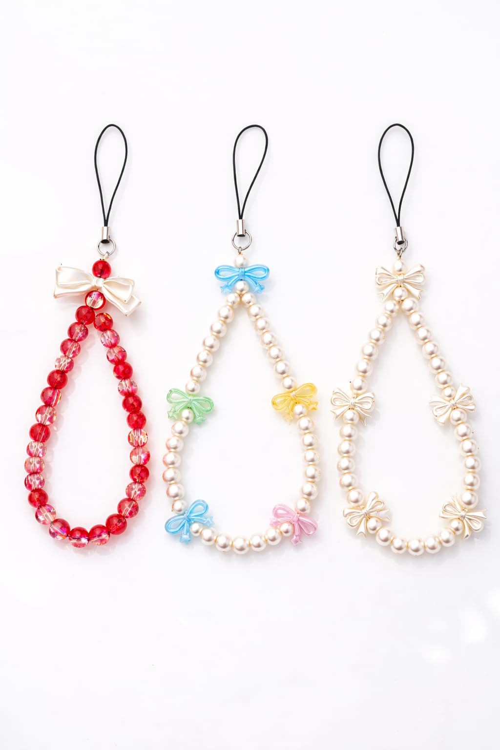 Pack of 3 Premium Phone Beads Strap with Bow Charm | Crystal Red, Multicolor Pearl & Pearl White Beaded Mobile Hand Strap | Stylish Phone Charm Lanyard for Women & Girls | Universal Phone Hanging Strap-image-30