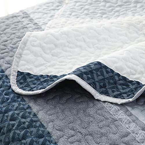 Durlengen Quilt Set California King Size 3Pcs, Blue & Navy Striped Patchwork Pattern All Season Lightweight Coverlet Sets(Cal King 112X104, Blue Patchwork) #TOP4