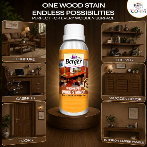 Image of Berger Wood Keeper Walnut Wood Stain with Leakproof Bottle & Easy Cloth Application Transparent Solvent-Based Stainer for Home Office Furniture Surfaces Shine and Finish (Pack of 1, 1L)