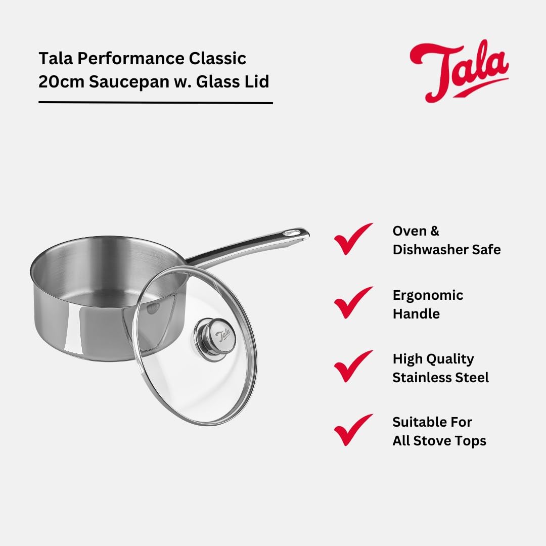 Tala Utensilios de cocina de acero inoxidable de alto rendimiento, 20 cm, con tapa de cristal, fabricado en Portugal, con garantía, apto para todo tipo de fogones, incluida la inducción (10A14339)
