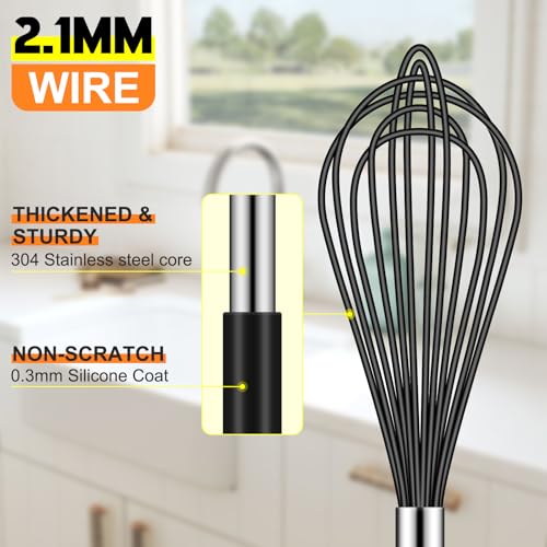 Image of HOTEC 4 Pieces Silicone Whisks Set, Wire Balloon Whisks for cooking Egg Beater, Non-slip Handle Whisk for Non-stick Cookware Perfect for Cooking, Stirring, Beating and Blending,Black