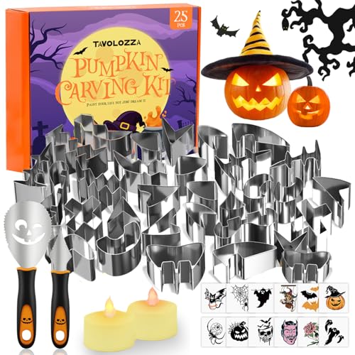 37-PCS Pumpkin Carving Kit with Cookie Cutters, LED Lights and 12PCS Stickers, Safe Reusable Stainless Steel Tools, Jack-O-Lantern Carving Set for Adults Kids and Family Halloween Decor