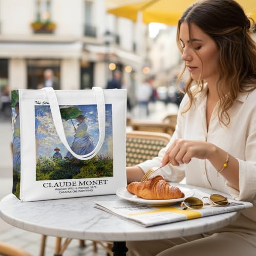Image of Artsy Canvas Tote Bag for Women | Zipper Closure, Bottle Holder & Keychain Hook | Premium Cotton Canvas Bag for Travel, College, Office | Reusable Shopping Tote Bag Gift