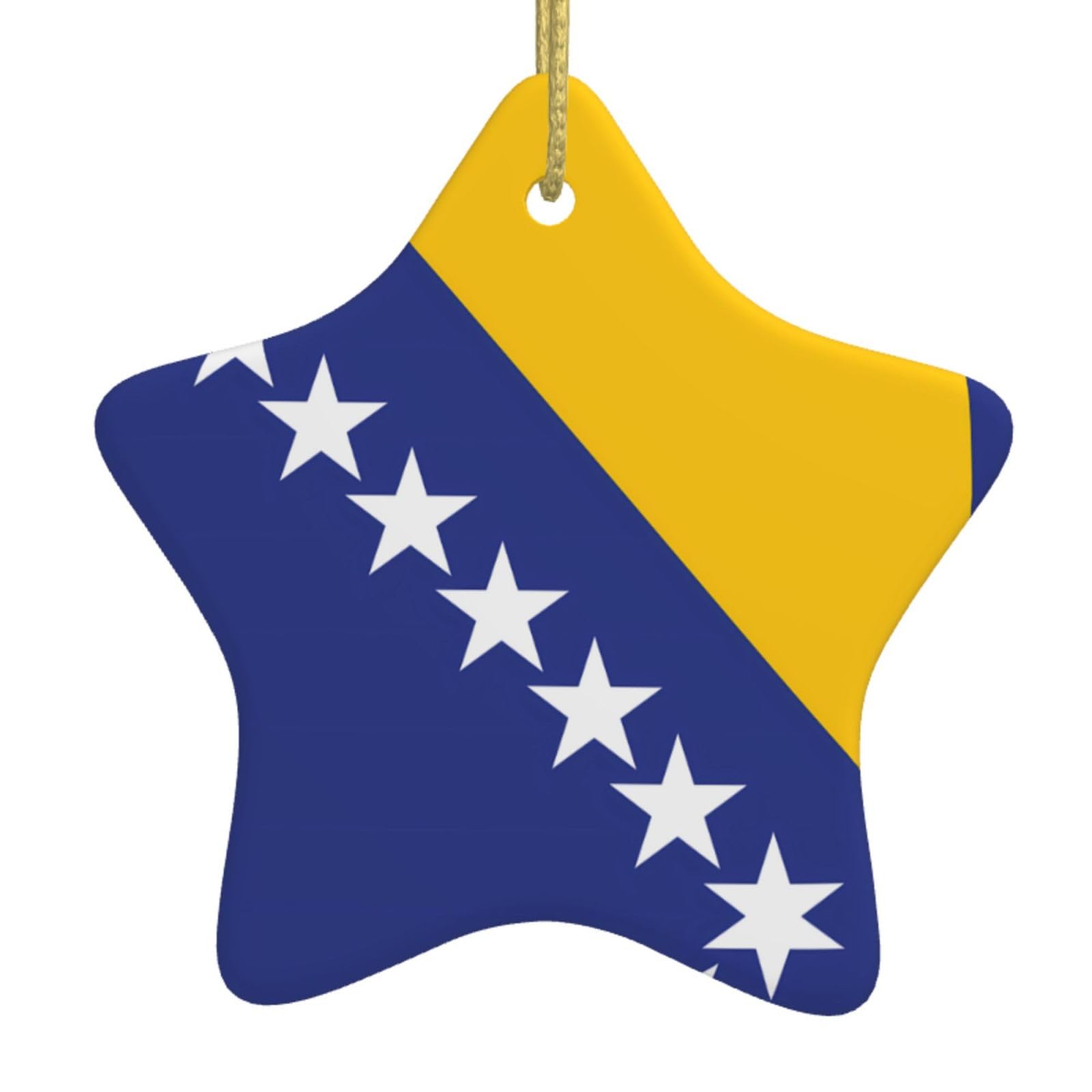 Flag of Bosnia and Herzegovina Christmas Ceramic Star Pendant with Punched Holes and Gold Wire Rope, Christmas Tree Home Decoration