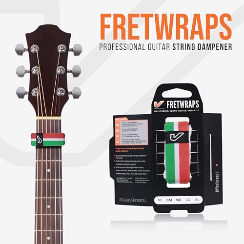 Image of Gruv Gear Fret Wrap & Guitar Mute, Fretwrap for Acoustic, Electric & Bass | String Dampener Recording, Tapping & Practice Accessory (1 Pack, Medium Green /White /Red, Fits 5 String Bass, 7 String