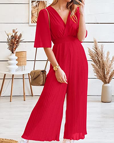 Btfbm Women Chiffon Wrap V Neck Summer Jumpsuit Spring Mesh Half Sleeve Elastic Waist Pleated Wide Leg Long Pants Romper(Solid Red, Small) #TOP1