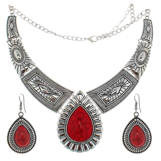 Lucky Jewellery Fancy Black Metal Silver Oxidised Red Color Necklace Set with Earrings Tikka for Girls & Women (410-CHSO-LJ693-RED-S) (B07VT5H42F) Amazon Price History, Amazon Price Tracker