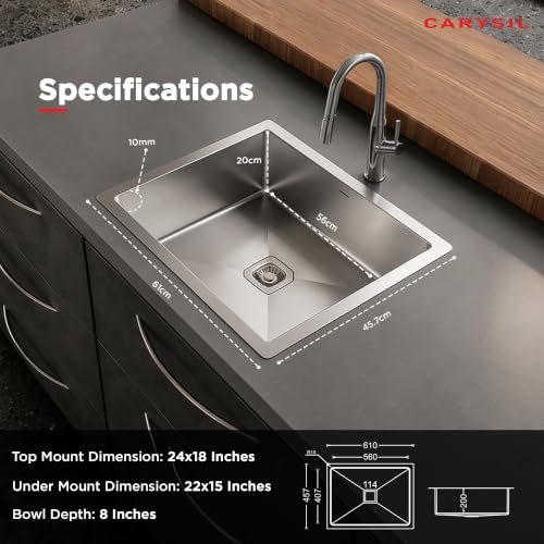 Image of Carysil Micro Radius R10 Handmade 304 Stainless Steel Sink 24x18x8 Inches, 10mm Corner Radius, Single Bowl, Deep Bowl, Sloping Drain, SS Coupling, Special Padding & Anti-Condensation Undercoating