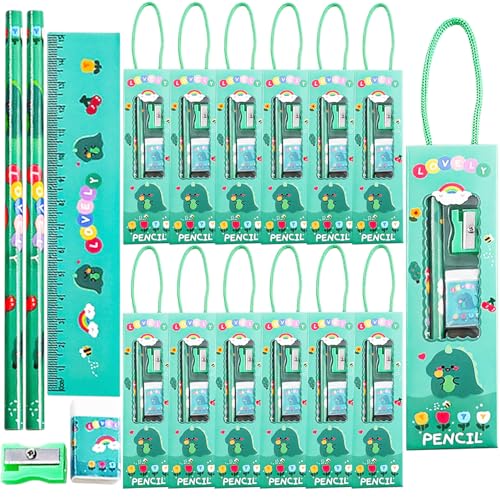 LCHYI 12 Boxes Stationery Set for Kids - Back to School Supplies Kit with Pencils Erasers Rulers & Sharpeners - Dinosaur Astronaut & Unicorn Themed Classroom Prizes Party Favors (Dinosaur)