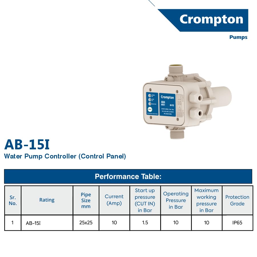 Image of Crompton Water Pump AB-15I (Automatic Pump Controller) Pipe Leakage Detection | Anti Jam Sensor | Dry Run Protection | Dry Run Auto Restart | Suitable with any Surface Pump upto 1.5 HP