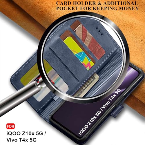 Image of TheGiftKart Flip Back Cover Case for iQOO Z10x 5G / Vivo T4x 5G | Dual-Color Leather Finish | Inbuilt Stand & Pockets | Wallet Style Flip Case Cover (Faux Leather, Blue & Sky)