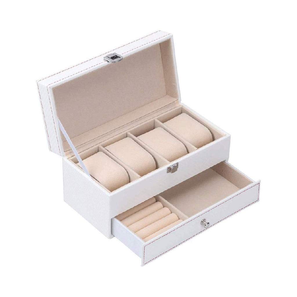 Schmuckschatulle – Uhrenbox-Organizer mit Valet-Schublade – Metallscharnier, Karbonfaser-Design, Weiß, Schwarz Present