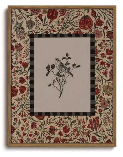 Image of KISSFOX Vintage Framed Wall Art Decor Rustic Flowers Birds Pictures Wall Decor Botanical Floral Canvas Art Prints Red Natural Farmhouse Paintings Artwork For Bedroom Kitchen Living Room