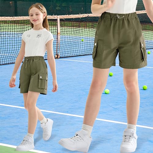 Image of Rolanko Girls Cargo Shorts Lightweight Parachute Short Pants with Pockets Summer Cargo Shorts for Kids Casual Hiking Sports