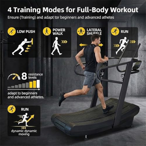 Image of Curved Self-Driven Cardio Treadmill with LCD Screen, 8-Level Resistance Treadmill with No Electricity, Handrail Supported Indoor Training Equipment