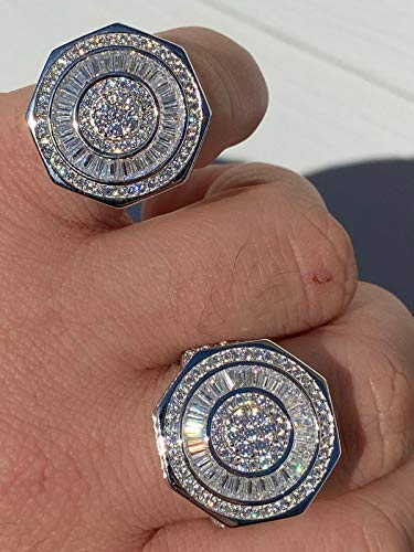Real Solid 925 Sterling Silver Men's Ring - Large 25Mm Octagonal Iced Baguette Ring - Completely Flooded Out Mens Hip Hop Ring (13) #TOP1