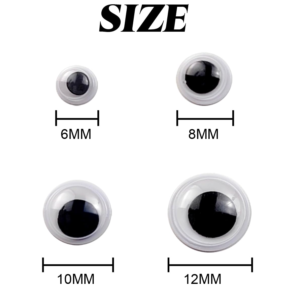 RONYOUNG 2004PCS Black Wiggle Googly Eyes with Self-Adhesive, 6mm 8mm 10 mm 12mm Mixed Packaging