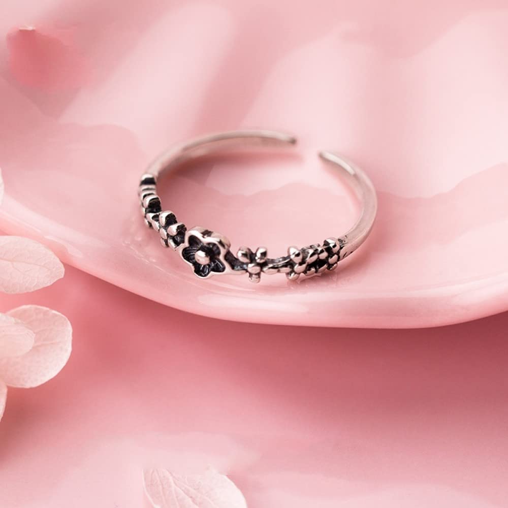 HGJH Ring Silber 925 Damen, S925 Sterling Silber Fünf Blütenblatt Blume Ring Verstellbare Ringe Temperament Offener Ring Silber Daumenring Ewigkeitsring Hochzeit Charme Schmuck Geschenke Für Männer M