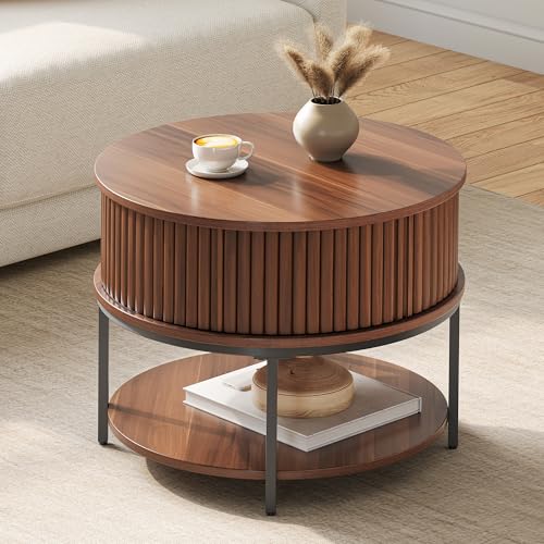 YITAHOME Table Basse Ronde, Table Basse avec Étagère Ouverte, Tables Cannelée avec Portes Coulissantes à Tambour pour Salon Et Chambre à Coucher, Couleur Noyer