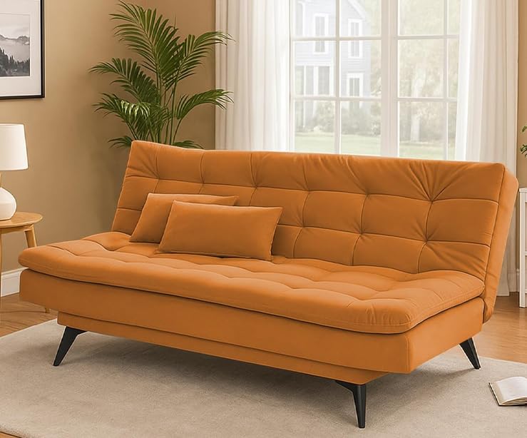 Image of Casaliving Danny Sofa Cum Bed for Living Room Premium Fabric Sofa New 3 Seater Sofa Cum Bed Velvet Fabric with 2 Cushions and Suitable for All Indoor (ORANGE1)