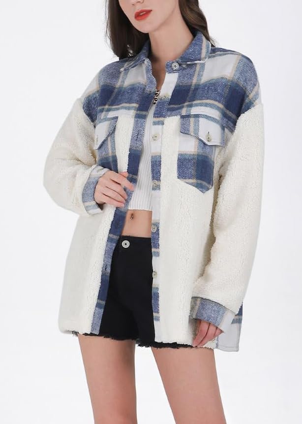 utcoco Women's Flannel Button Down Fleece Jacket Fall Fuzzy Plaid Blouse Jacket Winter Lightweight Coats3