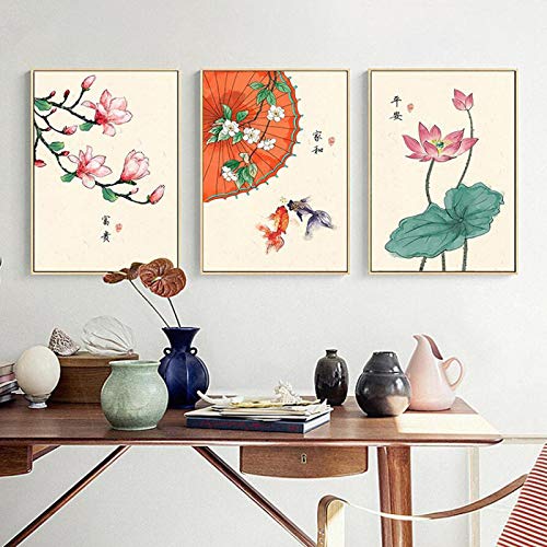 Art mural style chinois rétro affiche fleur de lotus et poisson rouge sur toile 50x70cm
