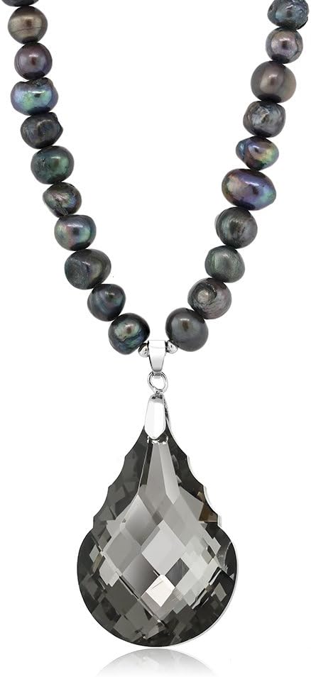 Gem Stone King Black Dyed Cultured Freshwater Pearl Faceted Pendant Necklace 16 Inch with 2 Inch Extender