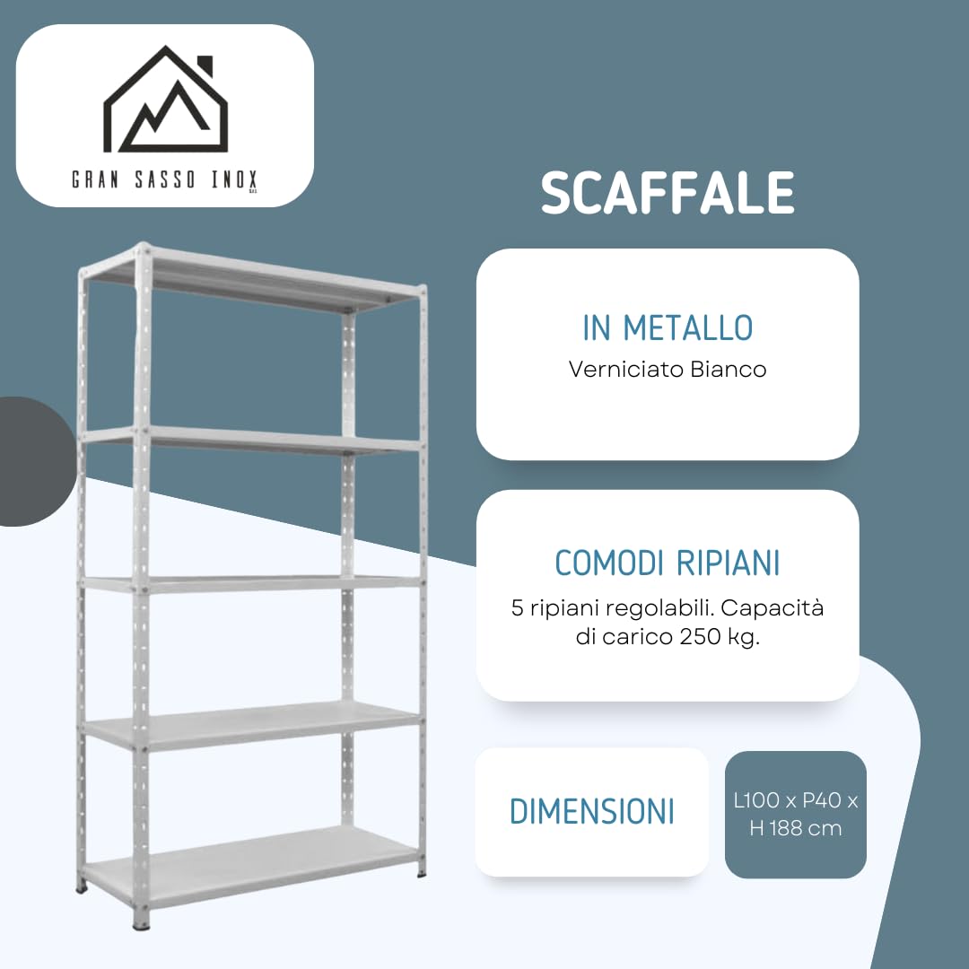 Scaffale in Metallo Verniciato Bianco - 5 Ripiani Regolabili – Dimensioni L100 x P40 cm x H188 - Capacità di Carico 250 kg - Ideale per Garage, Magazzino e Ufficio
