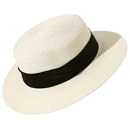 Sombrero de paja estilo boater para mujer miniatura 1