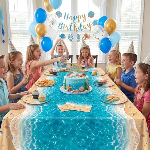 Image of Beach Birthday Party Decorations,41Pcs Disposable Ocean Waves Beach Dessert Plates Napkins Tablecloth Tableware Set Summer Pool Hawaiian Beach Party Supplies for Kids Baby Shower Birthday