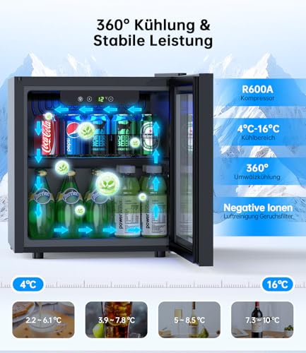 WIE Klein Kühlschrank mit Glastür, Getränkekühlschrank, 36L Kühlschrank Getränke für 55 Dosen, Kühlschrank mit LED, Mini Kühlschrank LED für Büro, Zimmer, Bar, Geräuscharm
